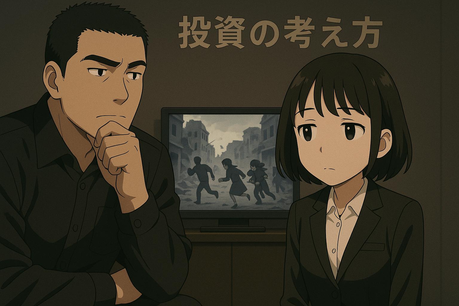 コシカとサクラがテレビを見て考え事をしている。 テレビには荒廃した町で逃げ惑う人々。 背景にはテレビの上あたりに「投資の考え方」と日本語で書かれている。