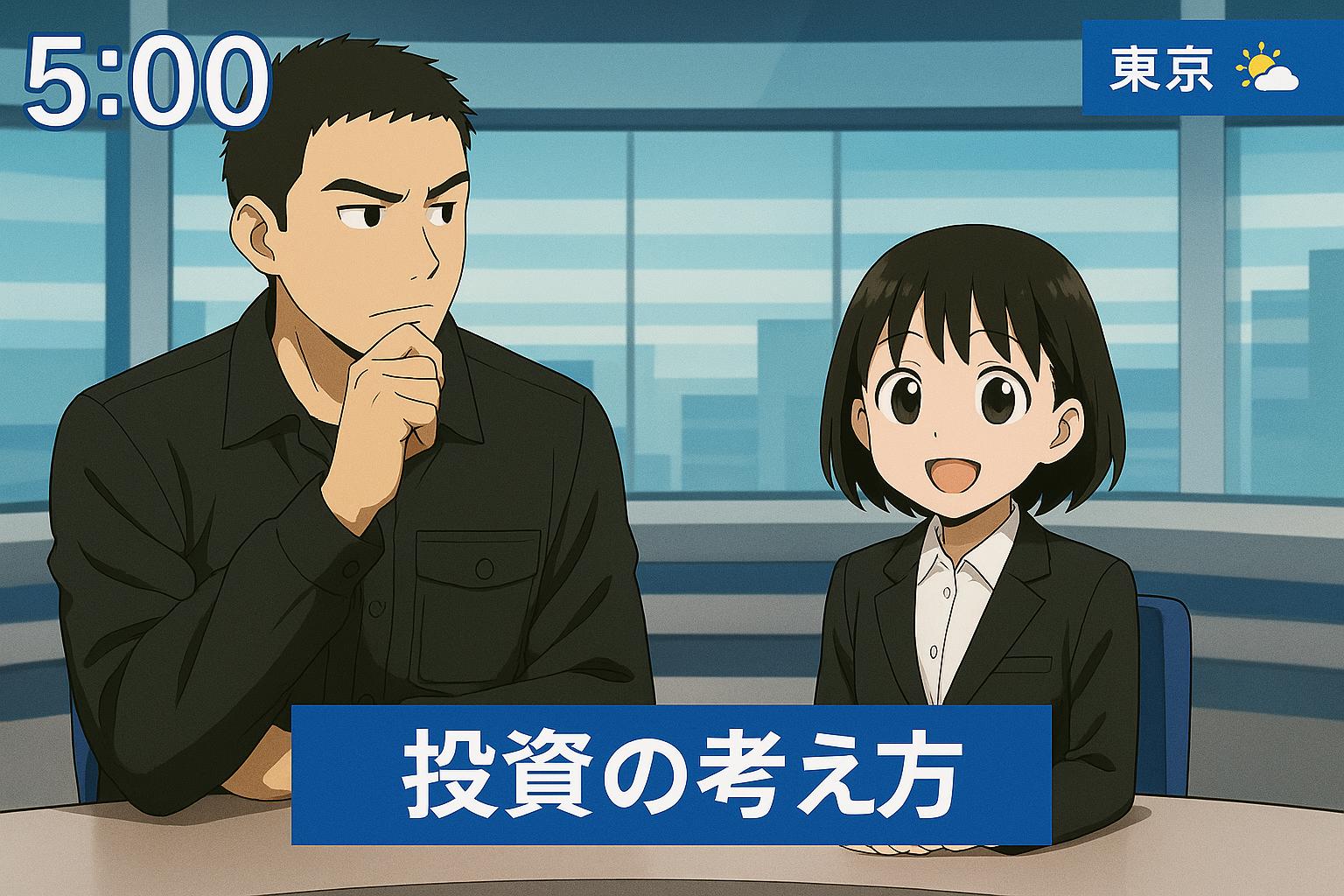 ニュースのひと場面みたいな感じで、投資の考え方と日本語で表記されている。